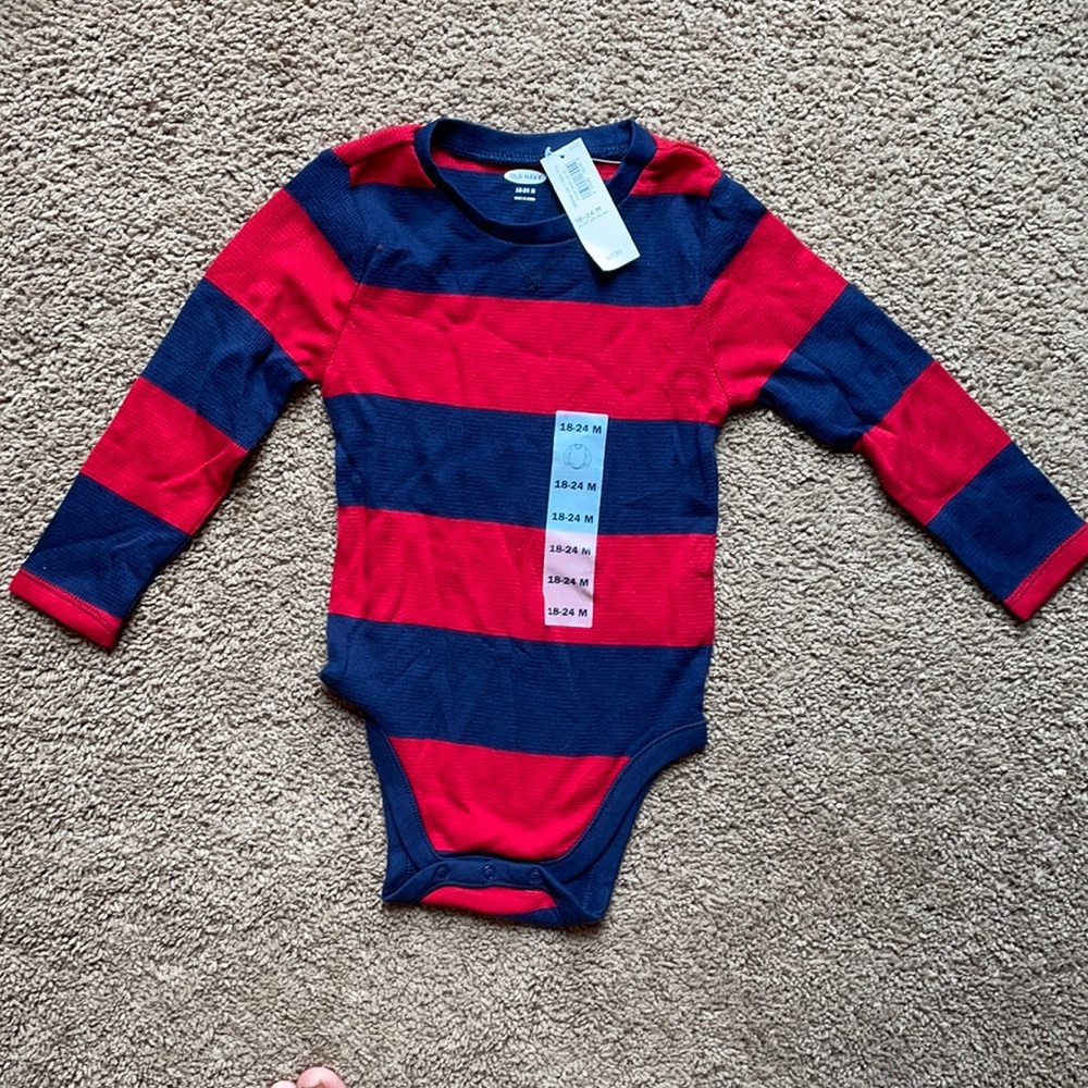 Old Navy Navy Blue and Red stripped long sleeve onesie 12-18m